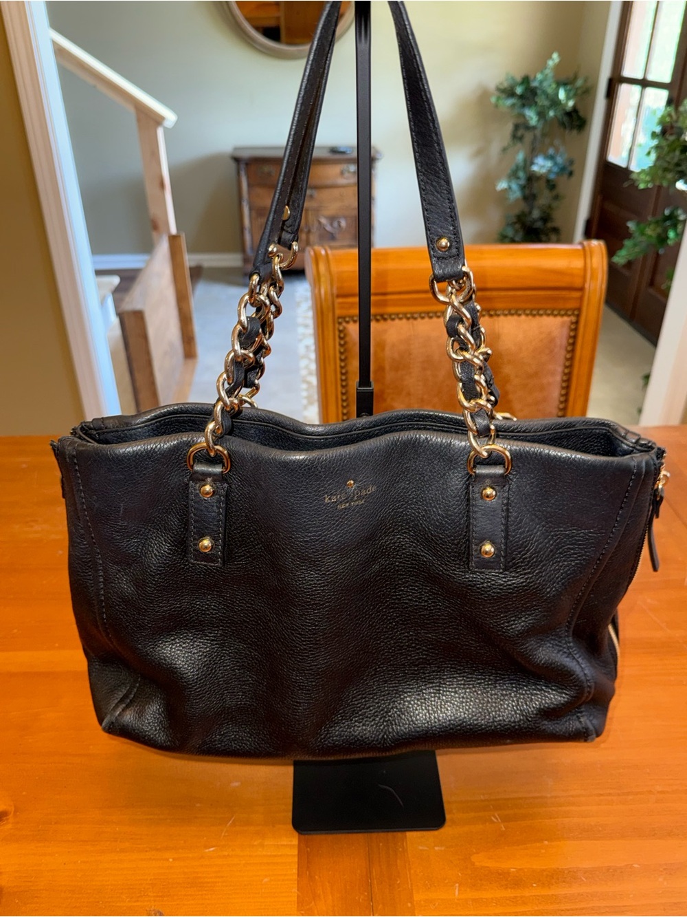 Kate Spade Black Leather Shoulder Purse Silver Chain Tote Timeless Everyday Chic